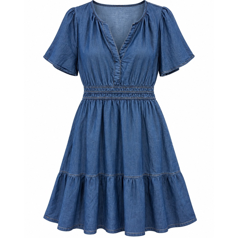 Simplee Denim Mini Dress Womens Large Blue V-Neck Smocked Waist Flutter Sleeve